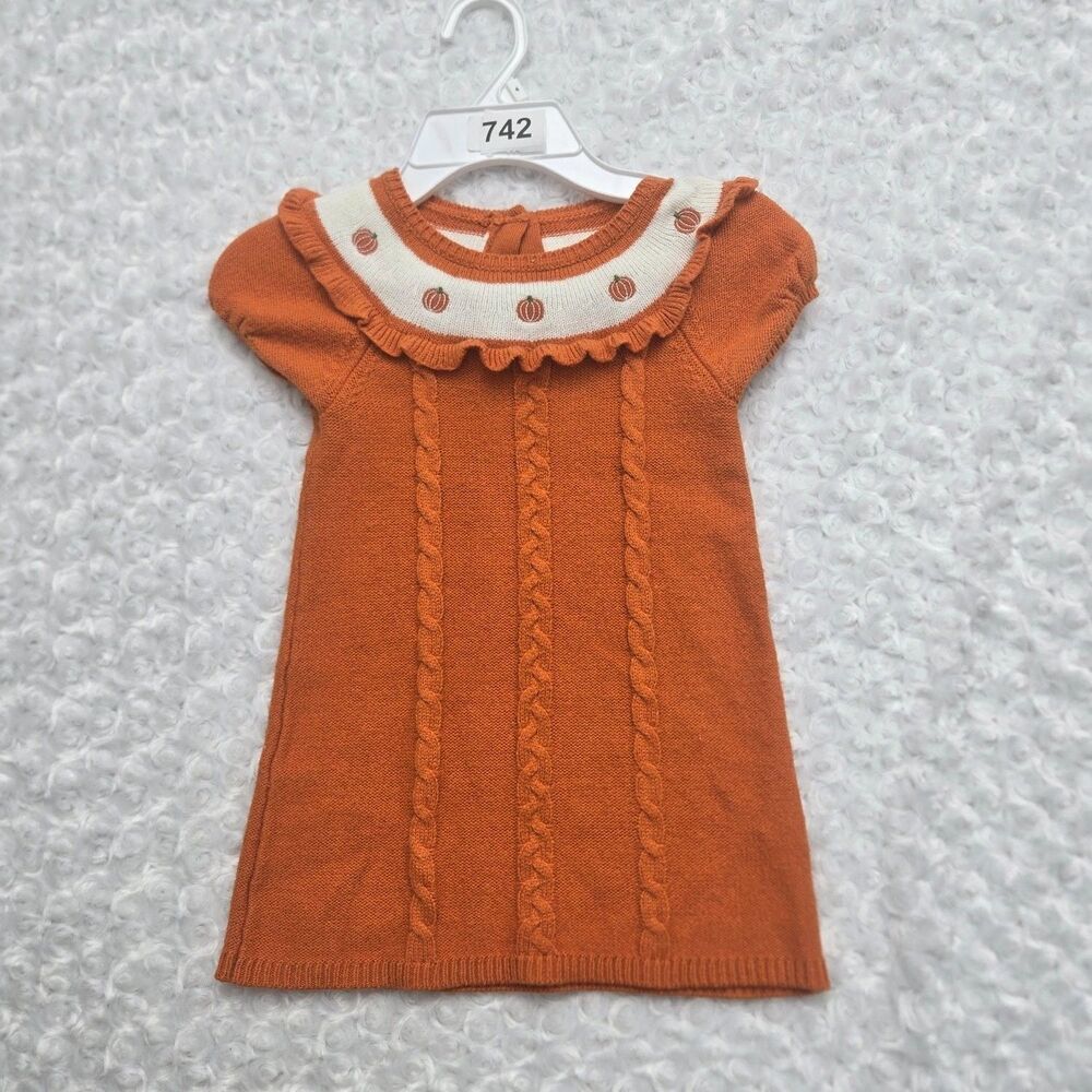 Crazy 8 Pumpkin Dress Girls Size 4 Orange Short Sleeve Puff Embroidered